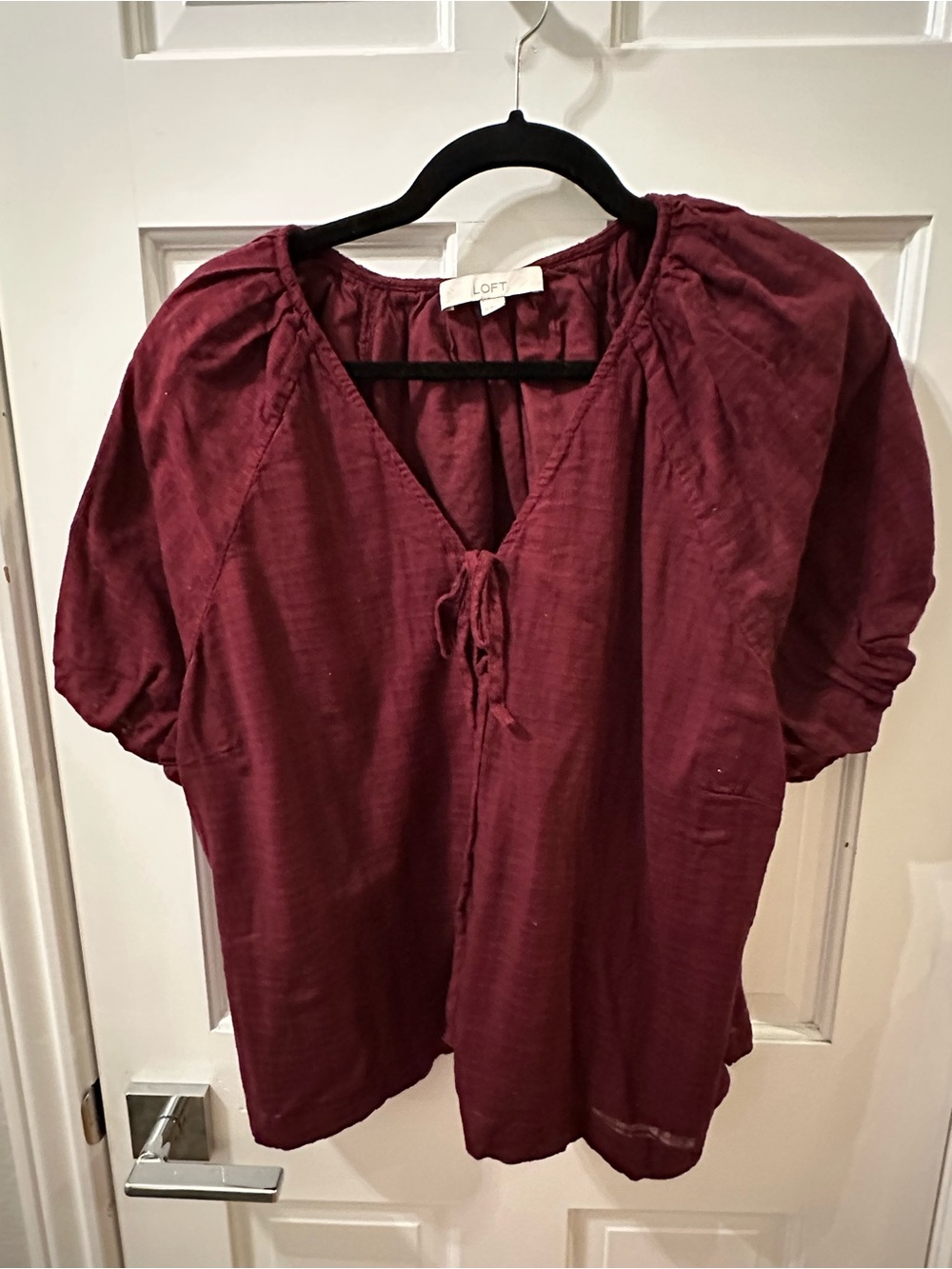LOFT 100% Cotton Burgundy Tie-Front Peasant Top - Women's
